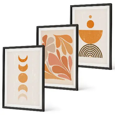 Abstract orange shapes wall art set of 3 framed pieces
