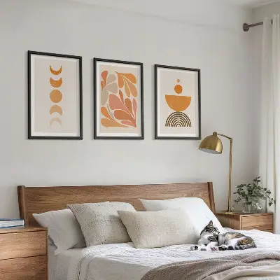 Abstract orange shapes wall art set of 3 framed pieces