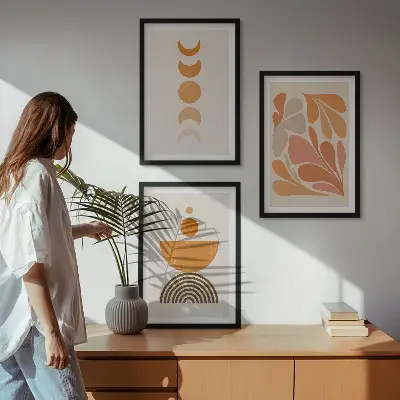 Abstract orange shapes wall art set of 3 framed pieces