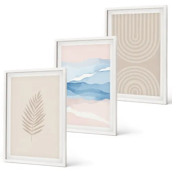 Three-piece wall art set featuring beige and blue waves and leaves