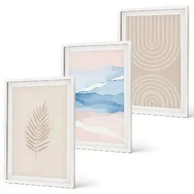 Three-piece wall art set featuring beige and blue waves and leaves