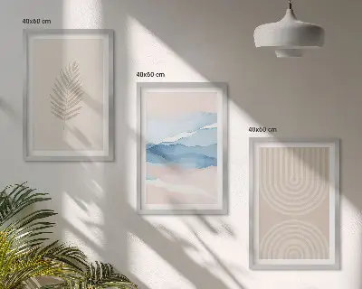Three-piece wall art set featuring beige and blue waves and leaves