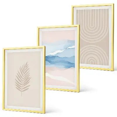 Three-piece wall art set featuring beige and blue waves and leaves