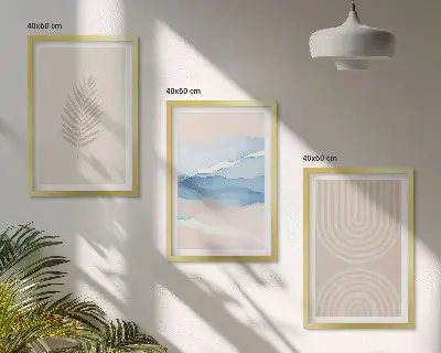 Three-piece wall art set featuring beige and blue waves and leaves