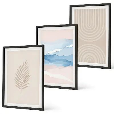 Three-piece wall art set featuring beige and blue waves and leaves