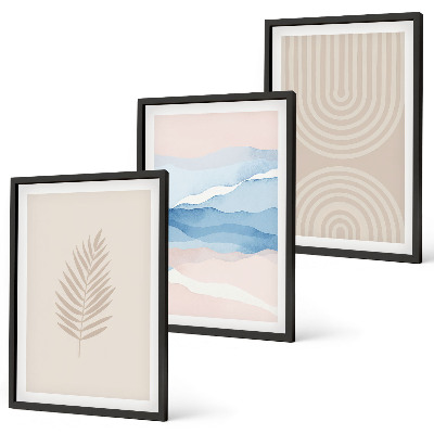 Three-piece wall art piece Leaves waves beige blue