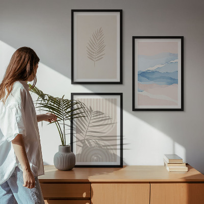 Three-piece wall art piece Leaves waves beige blue