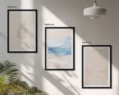 Three-piece wall art set featuring beige and blue waves and leaves