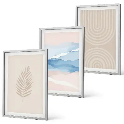 Three-piece wall art set featuring beige and blue waves and leaves