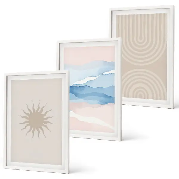 Set of 3 framed wall art pieces featuring abstract sun waves in pastel lines