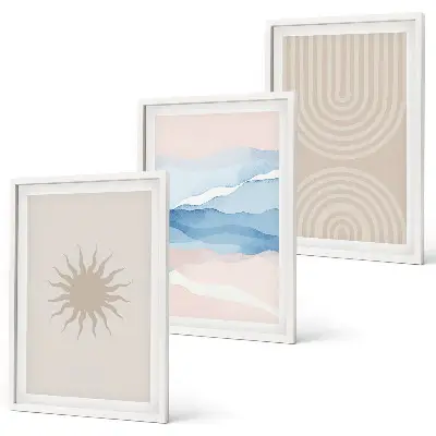 Set of 3 framed wall art pieces featuring abstract sun waves in pastel lines
