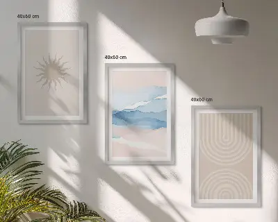 Set of 3 framed wall art pieces featuring abstract sun waves in pastel lines