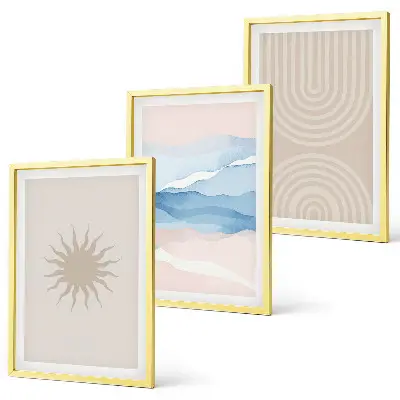 Set of 3 framed wall art pieces featuring abstract sun waves in pastel lines