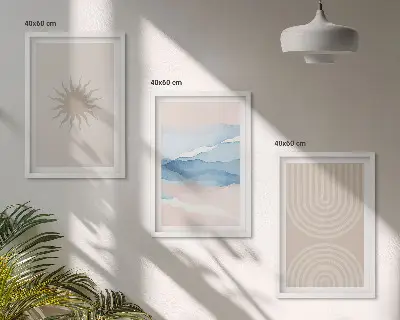 Set of 3 framed wall art pieces featuring abstract sun waves in pastel lines