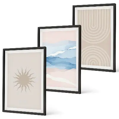 Set of 3 framed wall art pieces featuring abstract sun waves in pastel lines
