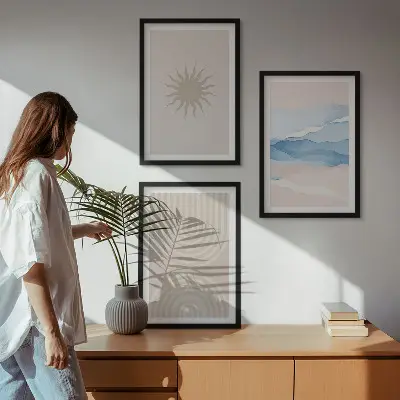 Set of 3 framed wall art pieces featuring abstract sun waves in pastel lines
