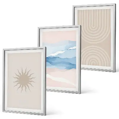 Set of 3 framed wall art pieces featuring abstract sun waves in pastel lines