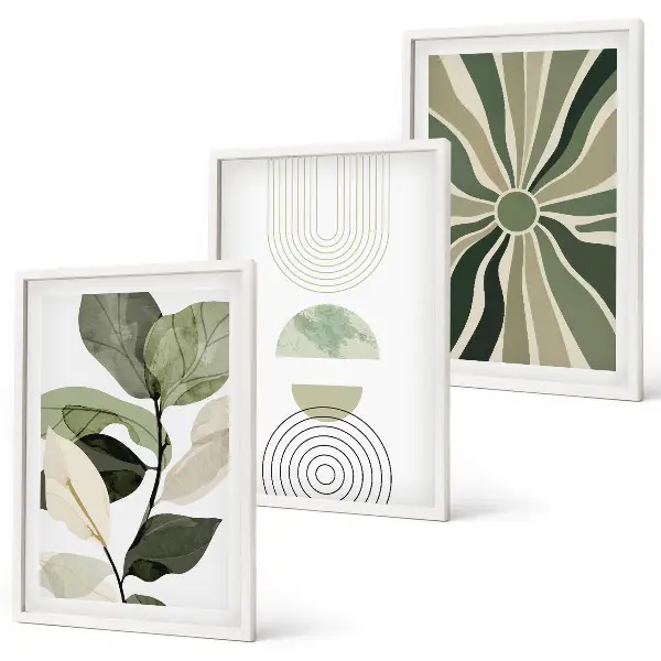 Set of 3 framed wall art pieces with plant motifs and geometric greenery