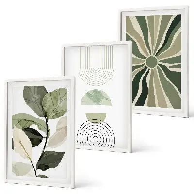 Set of 3 framed wall art pieces with plant motifs and geometric greenery