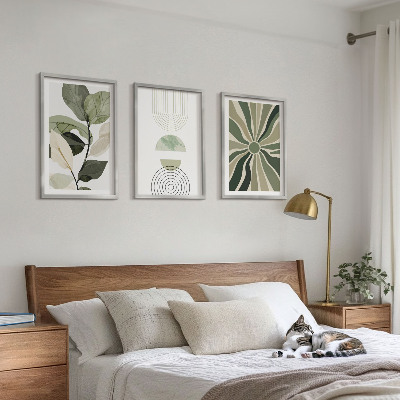 Set of 3 framed wall art pieces Plant motifs, geometry, greenery