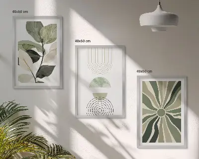 Set of 3 framed wall art pieces with plant motifs and geometric greenery