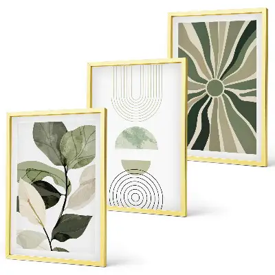 Set of 3 framed wall art pieces with plant motifs and geometric greenery