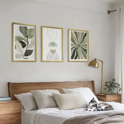 Set of 3 framed wall art pieces with plant motifs and geometric greenery