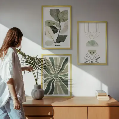 Set of 3 framed wall art pieces with plant motifs and geometric greenery