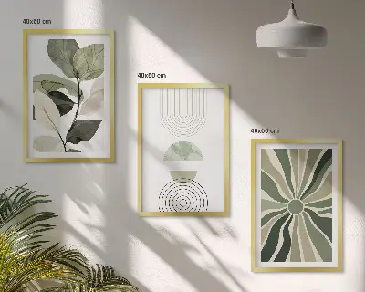 Set of 3 framed wall art pieces with plant motifs and geometric greenery