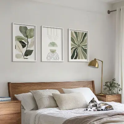 Set of 3 framed wall art pieces with plant motifs and geometric greenery