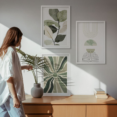 Set of 3 framed wall art pieces Plant motifs, geometry, greenery