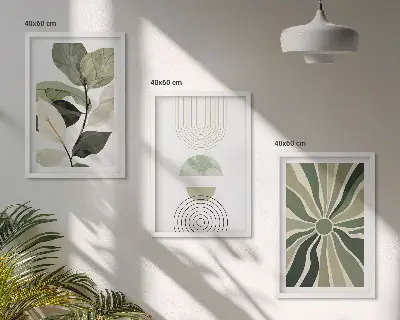 Set of 3 framed wall art pieces with plant motifs and geometric greenery