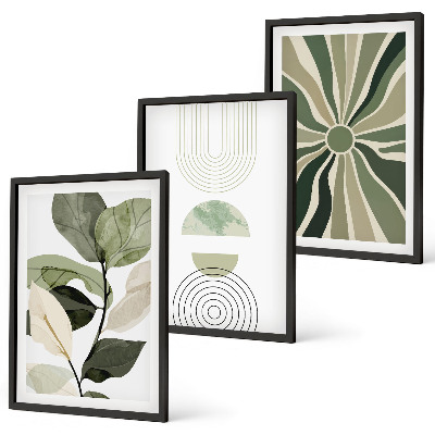 Set of 3 framed wall art pieces Plant motifs, geometry, greenery