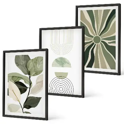 Set of 3 framed wall art pieces with plant motifs and geometric greenery