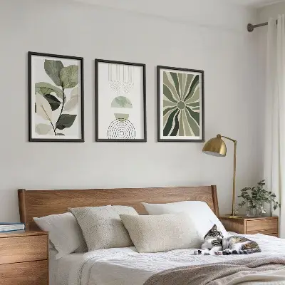 Set of 3 framed wall art pieces with plant motifs and geometric greenery