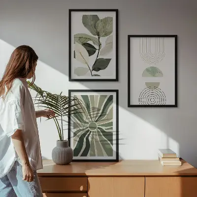 Set of 3 framed wall art pieces with plant motifs and geometric greenery