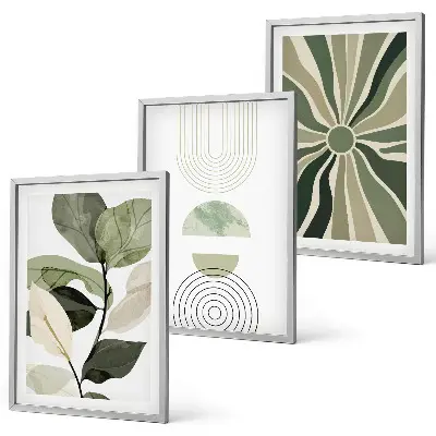Set of 3 framed wall art pieces with plant motifs and geometric greenery