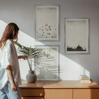 Three-piece wall art set minimalist birds in flight style