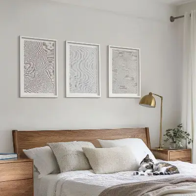 Set of 3 framed wall art pieces featuring geometric sand patterns