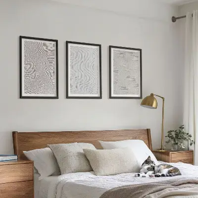 Set of 3 framed wall art pieces featuring geometric sand patterns