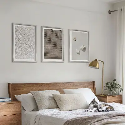 Three-piece wall art set natural wood and stone texture print