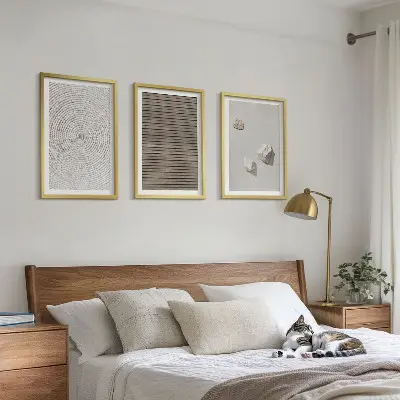 Three-piece wall art set natural wood and stone texture print