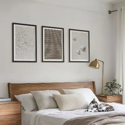 Three-piece wall art set natural wood and stone texture print