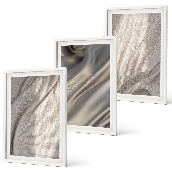 Set of 3 framed wall art pieces Natural boho fabrics close-up