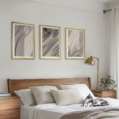 Set of 3 framed wall art pieces Natural boho fabrics close-up