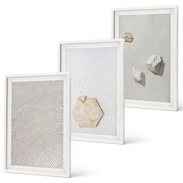 Set of 3 framed wall art pieces with light boho sand textures