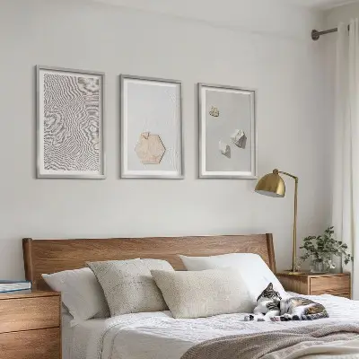 Set of 3 framed wall art pieces with light boho sand textures