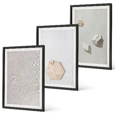 Set of 3 framed wall art pieces with light boho sand textures
