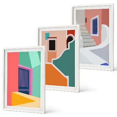 Set of 3 framed wall art pieces Colorful illustrations of buildings