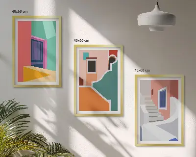 Set of 3 framed wall art pieces Colorful illustrations of buildings